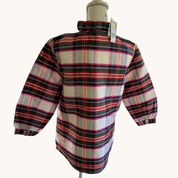 Crown & Ivy Plaid Ruffle Stand Up Ruffled Collar Blouse Top NWT - Picture 3 of 7